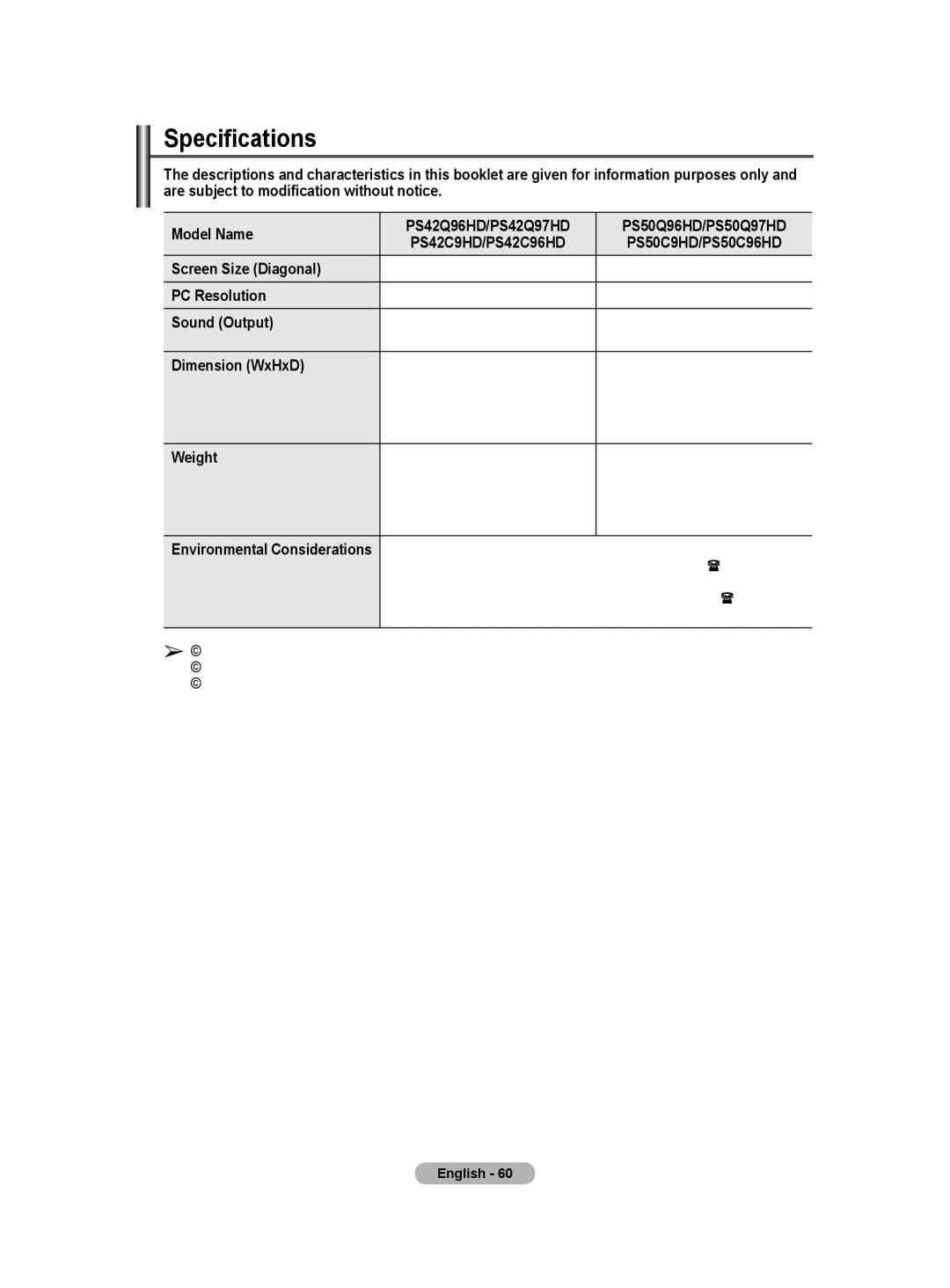 Samsung BN68-01171B-03 manual Specifications 