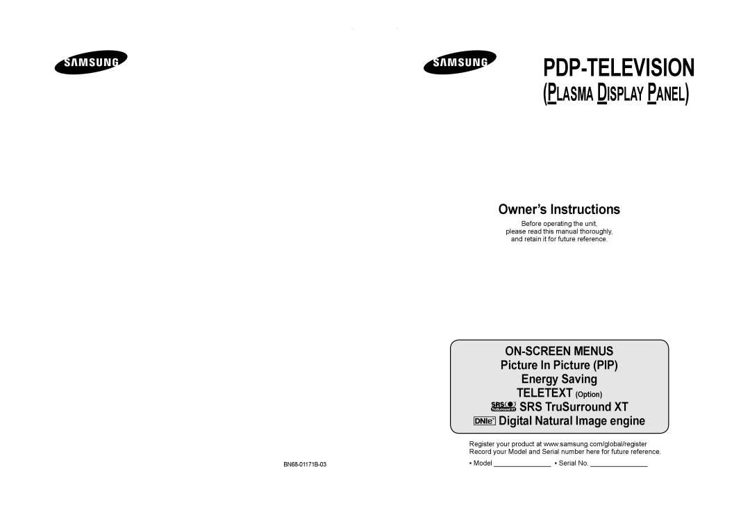 Samsung BN68-01171B-03 manual Pdp-Television, Owner’s Instructions, Plasma Display Panel, SRS TruSurround XT 