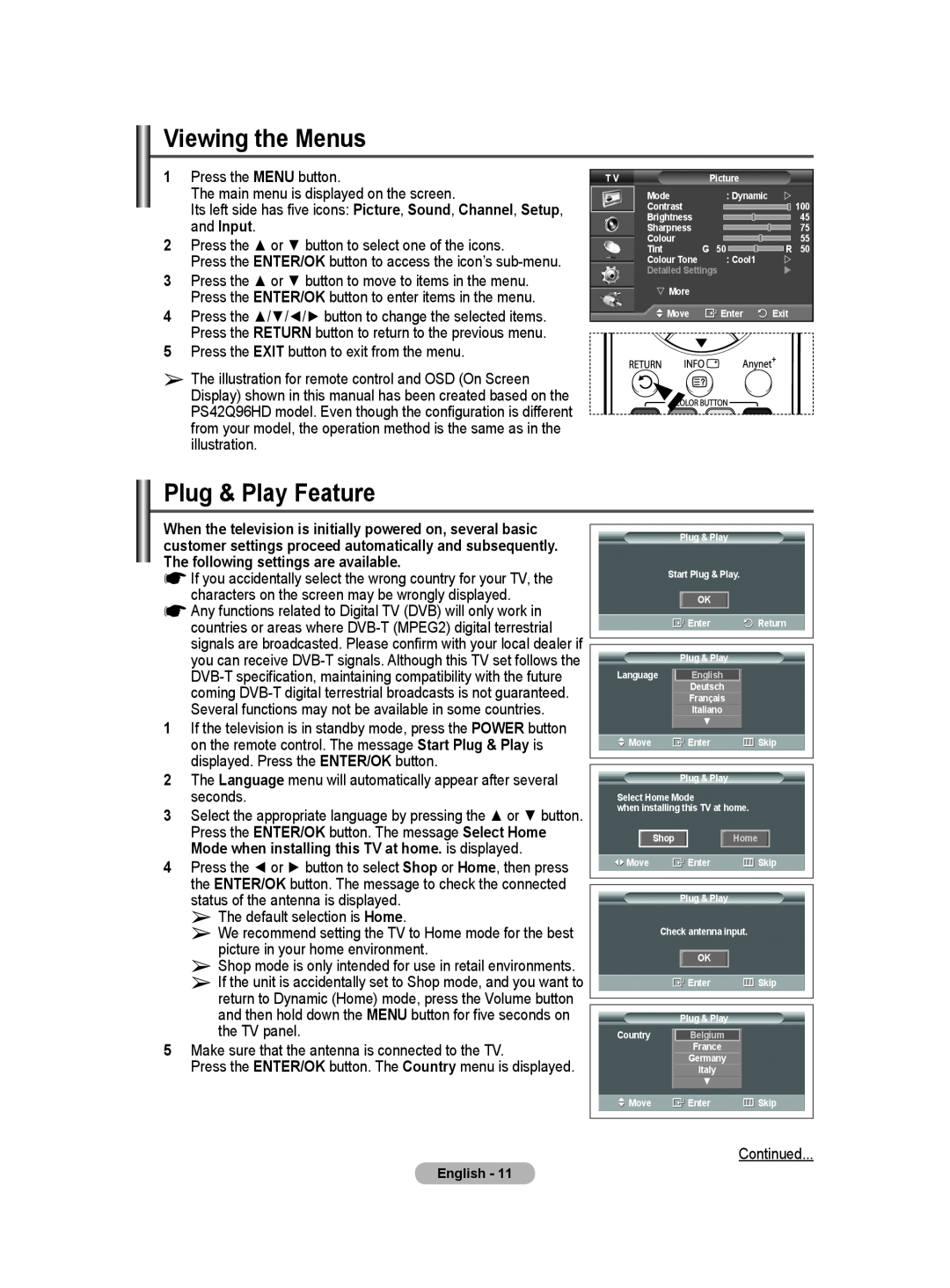 Samsung BN68-01171B-03 manual Viewing the Menus, Plug & Play Feature 