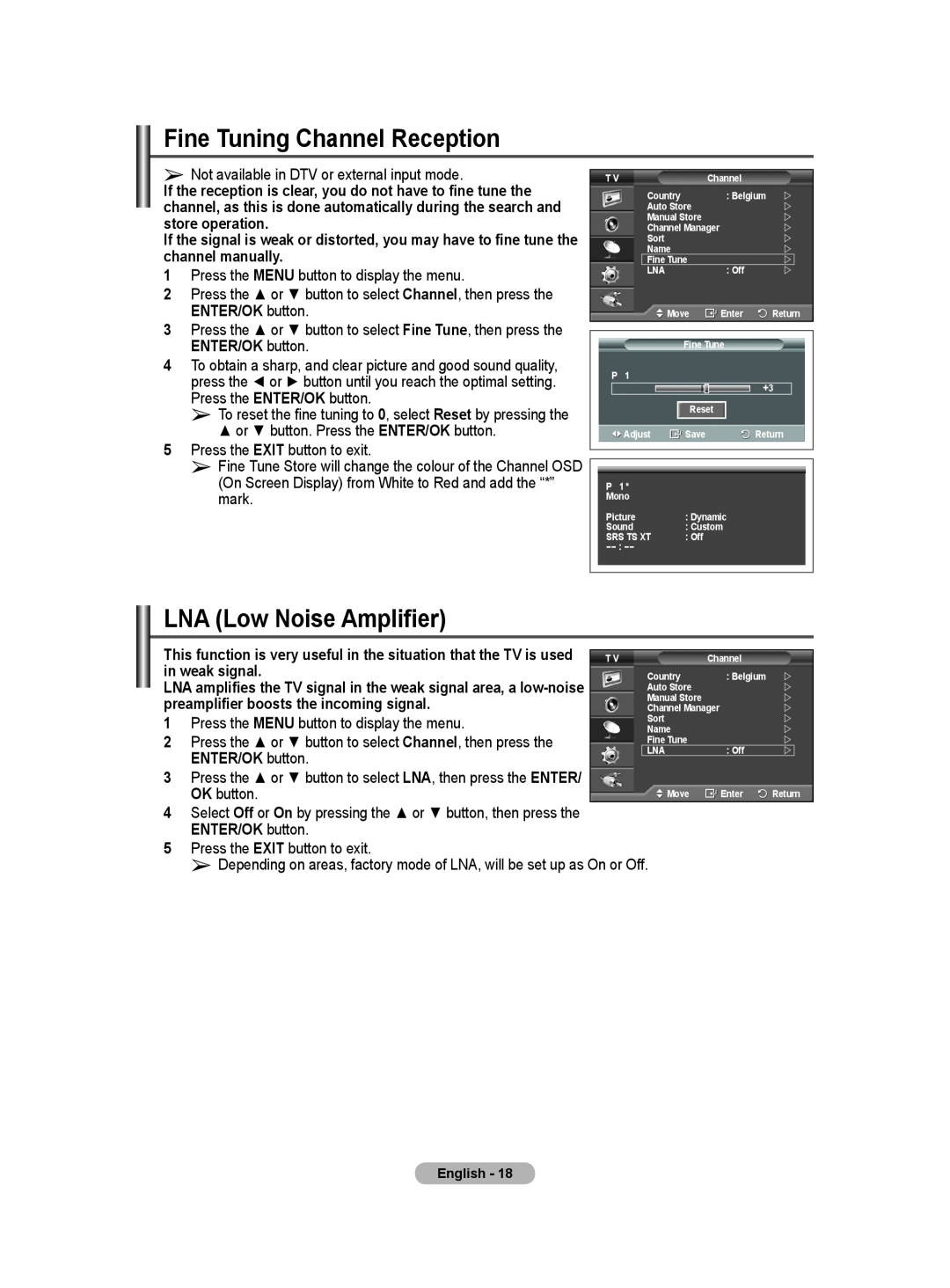Samsung BN68-01171B-03 manual Fine Tuning Channel Reception, LNA Low Noise Amplifier, in weak signal, ENTER/OK button 