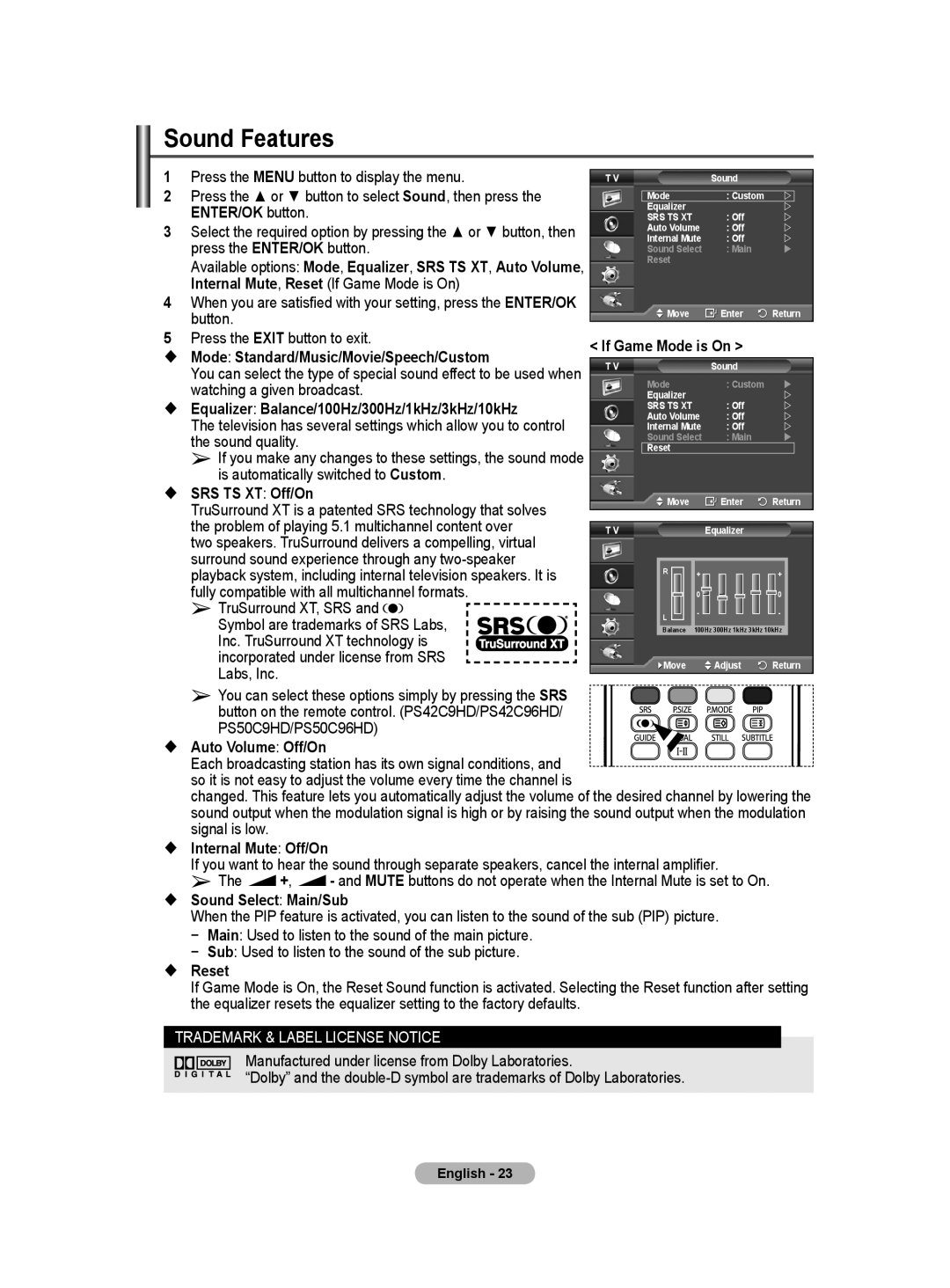 Samsung BN68-01171B-03 manual Sound Features, Mode: Standard/Music/Movie/Speech/Custom, SRS TS XT Off/On, Reset 