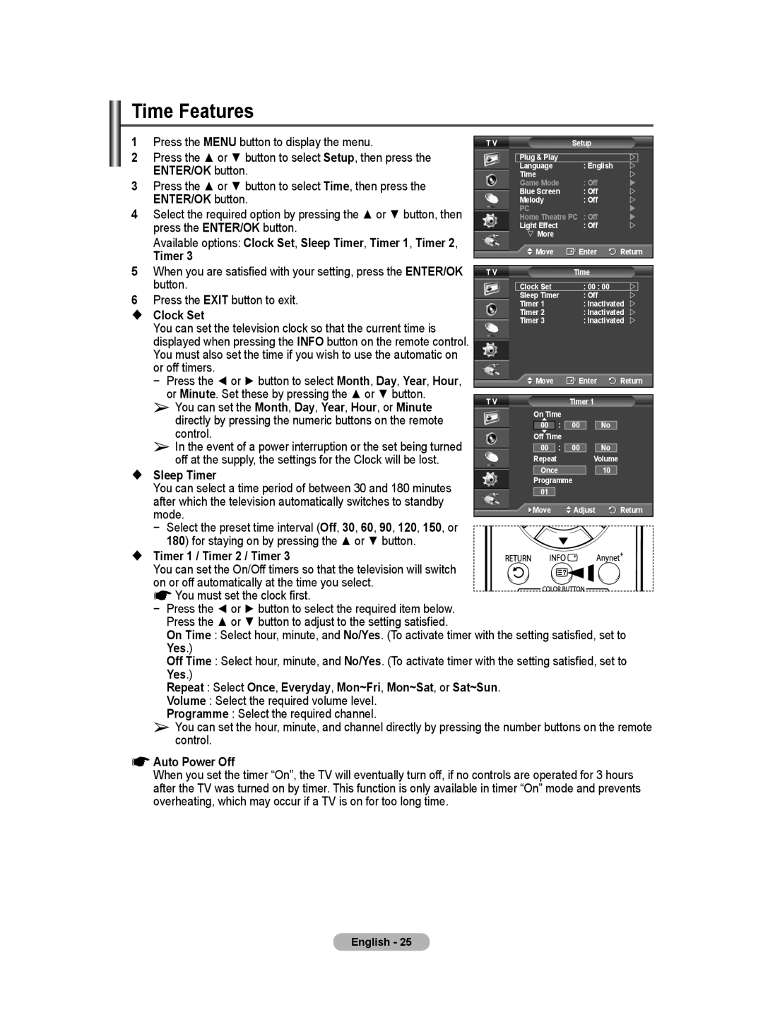 Samsung BN68-01171B-03 manual Time Features, ENTER/OK button,  Clock Set,  Sleep Timer,  Timer 1 / Timer 2 / Timer 