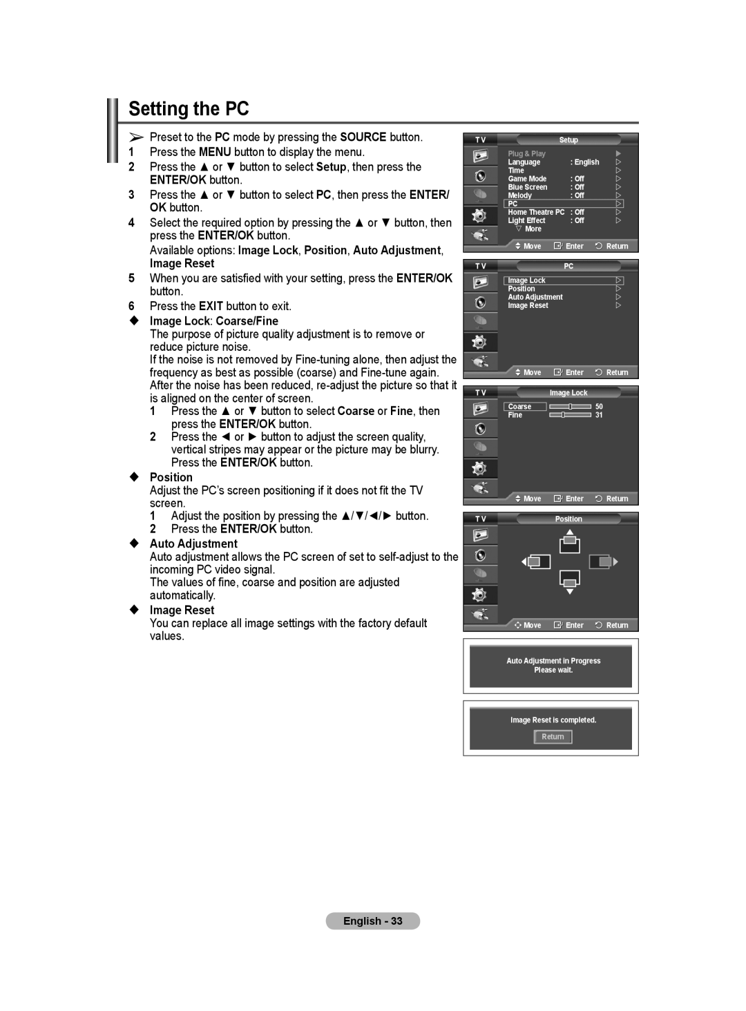 Samsung BN68-01171B-03 manual Setting the PC,  Image Lock Coarse/Fine, Position, Auto Adjustment, Image Reset 