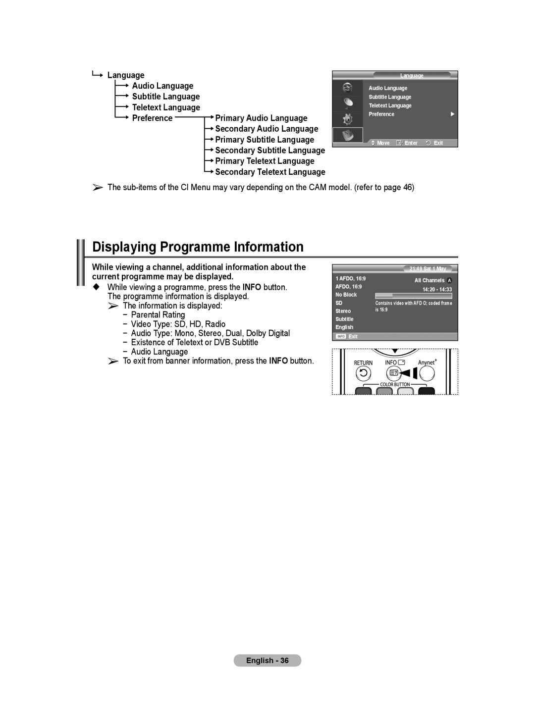 Samsung BN68-01171B-03 manual Displaying Programme Information, Teletext Language Preference, Primary Subtitle Language 