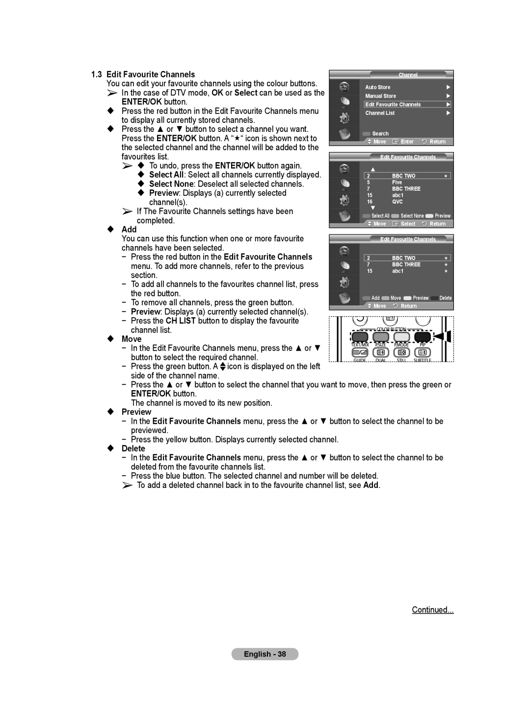 Samsung BN68-01171B-03 manual 1.3Edit Favourite Channels, Add, Move,  Preview,  Delete 