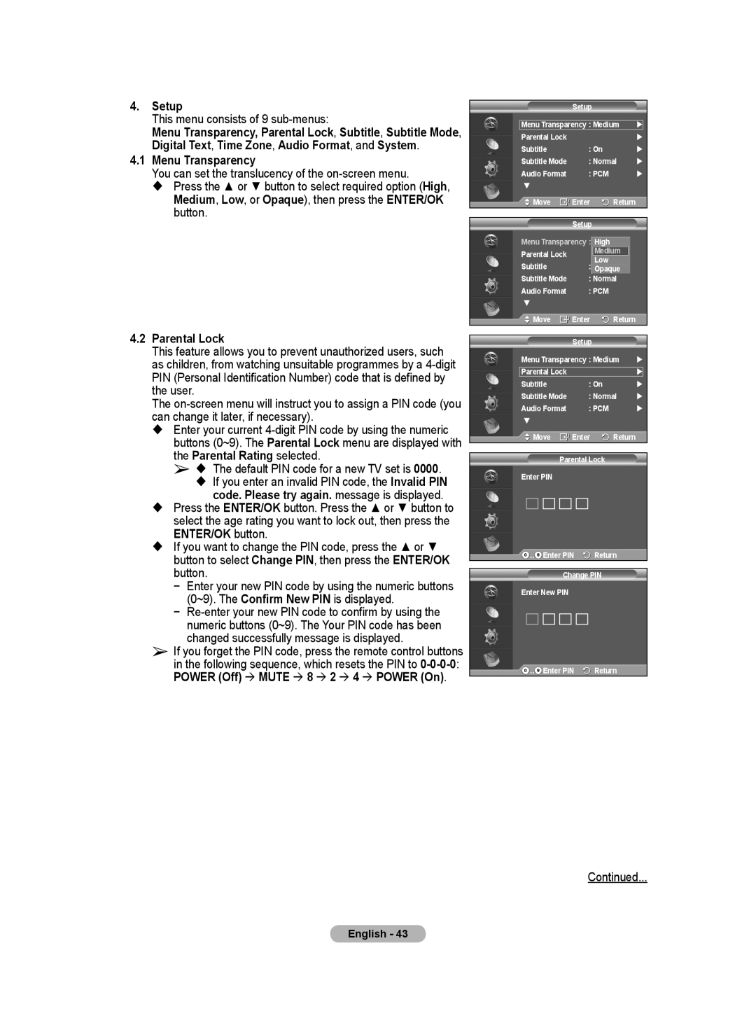 Samsung BN68-01171B-03 manual Setup, 4.1Menu Transparency, 4.2Parental Lock 