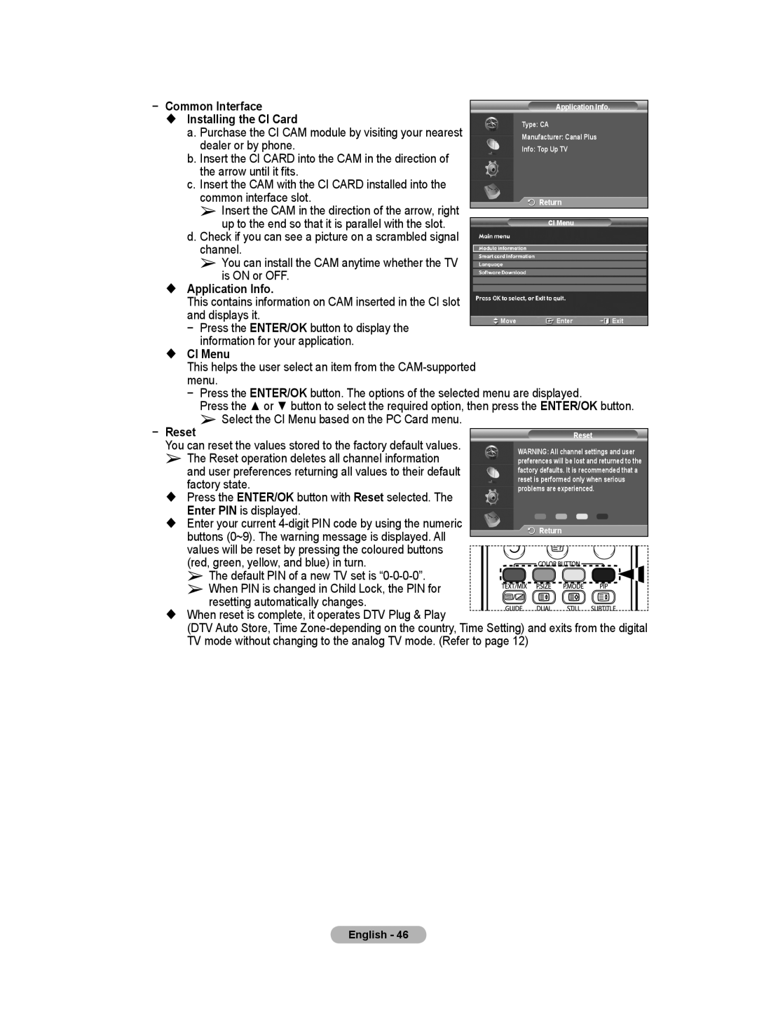 Samsung BN68-01171B-03 manual Common Interface  Installing the CI Card, Application Info,  CI Menu, Reset 