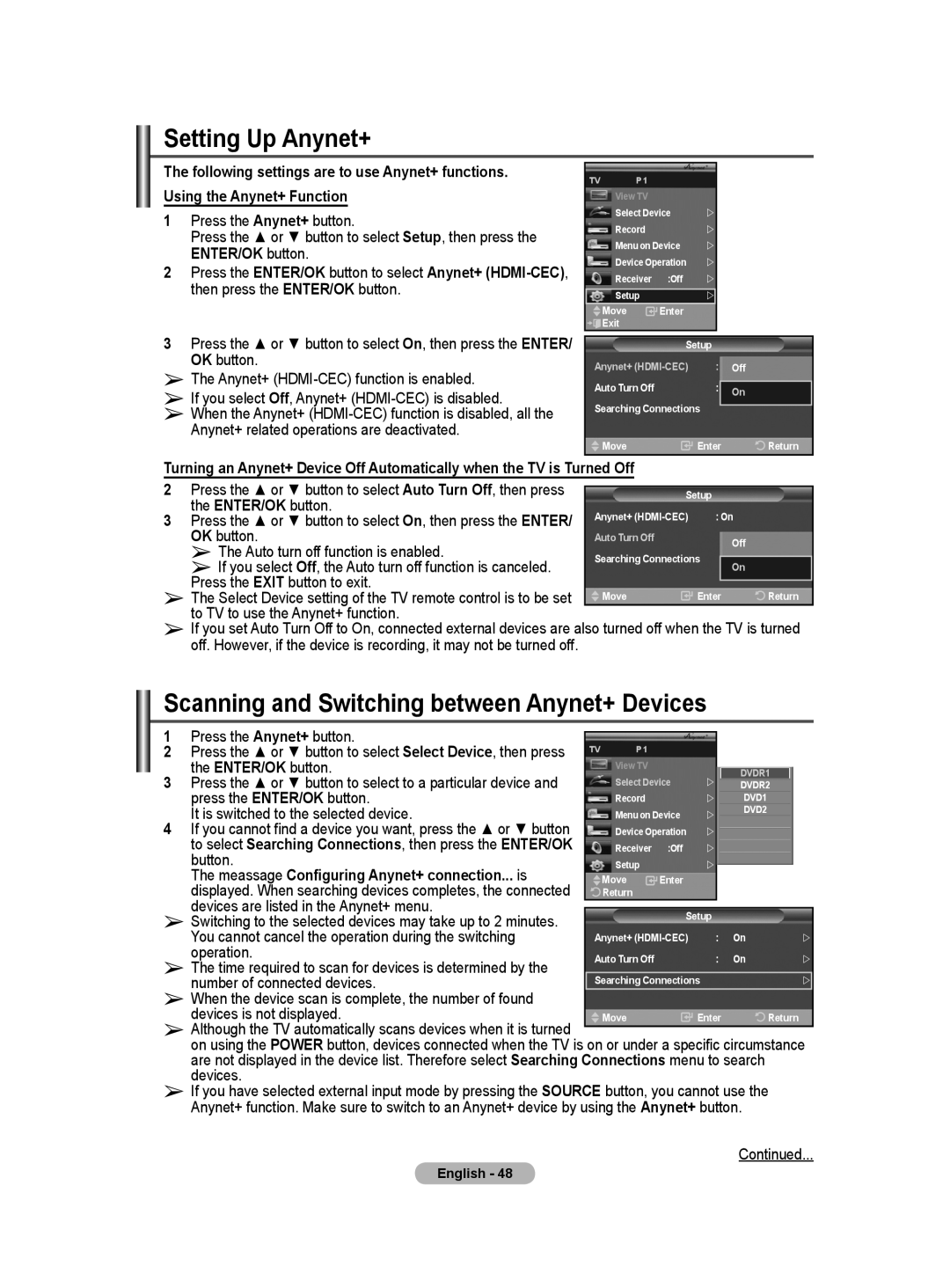 Samsung BN68-01171B-03 manual Setting Up Anynet+, Scanning and Switching between Anynet+ Devices 