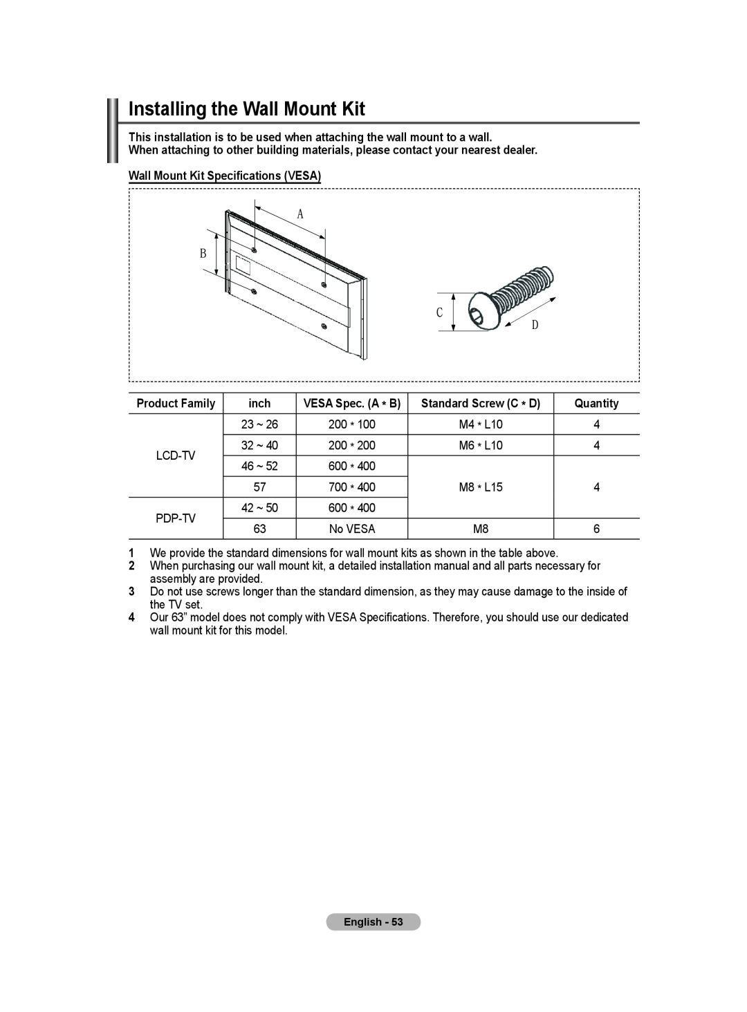 Samsung BN68-01171B-03 manual Installing the Wall Mount Kit, Wall Mount Kit Specifications VESA, inch, Quantity 