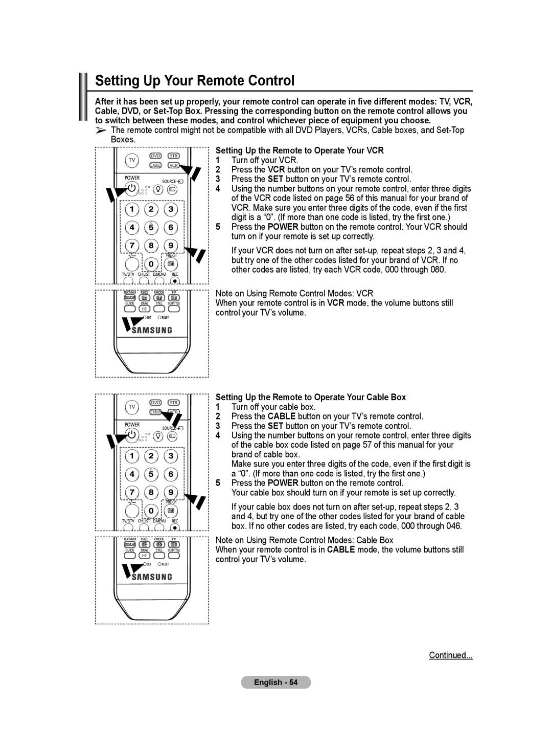 Samsung BN68-01171B-03 manual Setting Up Your Remote Control, Setting Up the Remote to Operate Your VCR 