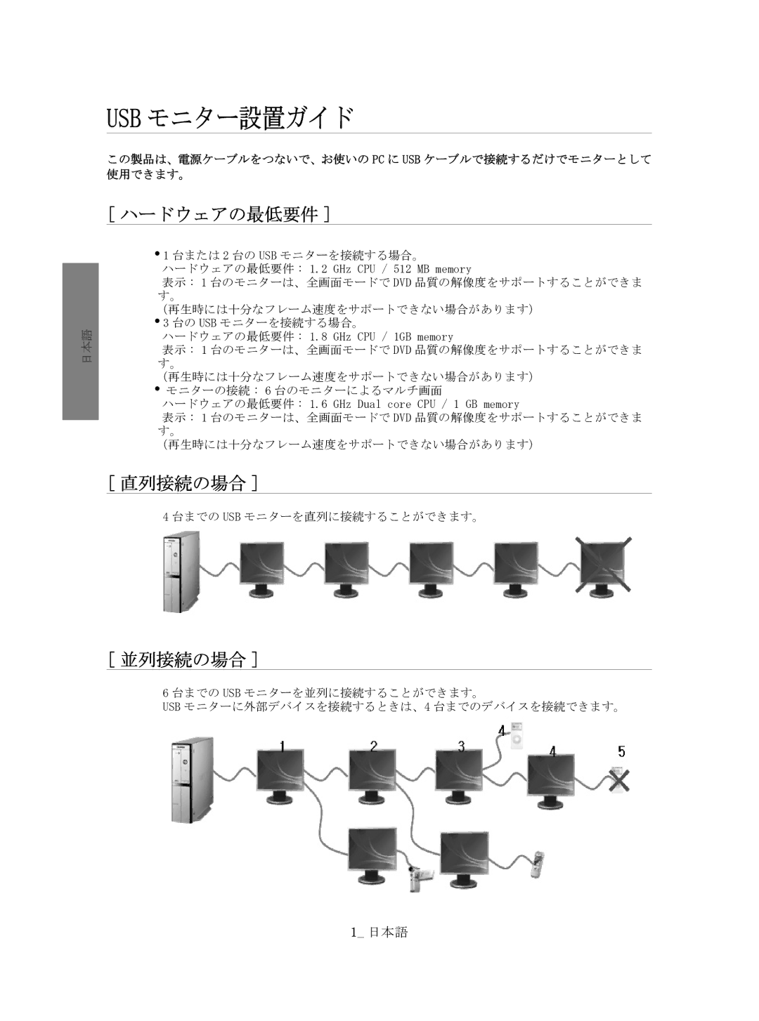 Samsung BN68-01225P-00 manual Usb モニター設置ガイド, この製品は、電源ケーブルをつないで、お使いの Pc に Usb ケーブルで接続するだけでモニターとして 使用できます。 