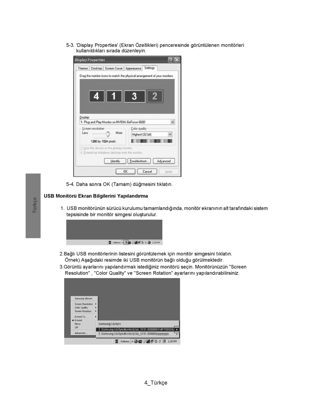 Samsung BN68-01225P-00 manual 4Türkçe, USB Monitörü Ekran Bilgilerini Yapılandırma 