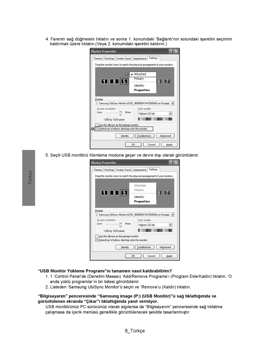 Samsung BN68-01225P-00 manual 8Türkçe, USB Monitör Yükleme Programını tamamen nasıl kaldırabilirim? 