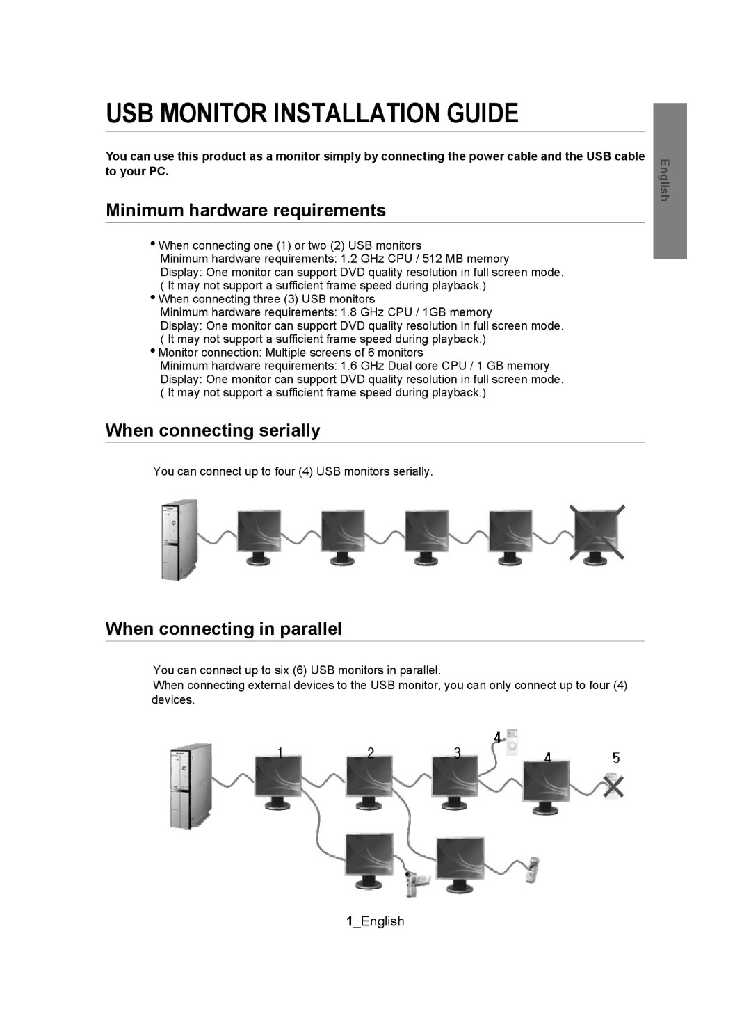 Samsung BN68-01225P-00 Minimum hardware requirements, When connecting serially, When connecting in parallel, 1English 