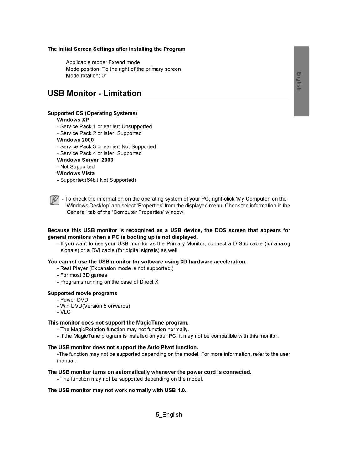 Samsung BN68-01225P-00 manual USB Monitor Limitation, 5English 