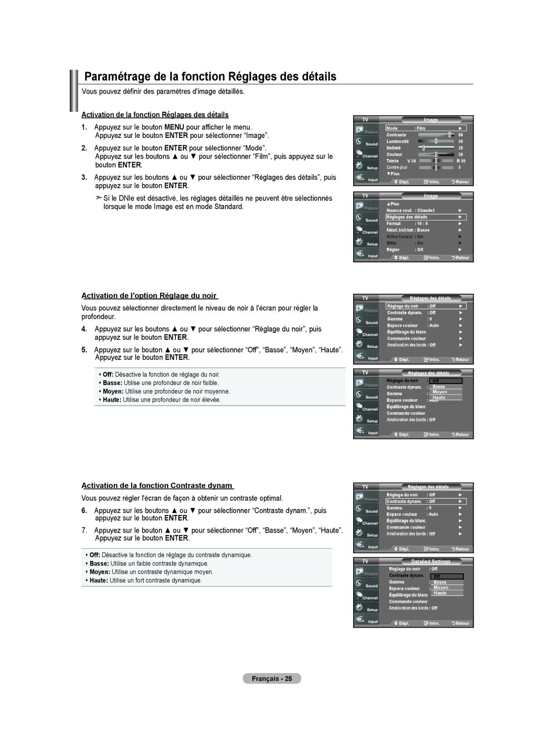 Samsung LN-T3732H Paramétrage de la fonction Réglages des détails, Vous pouvez définir des paramètres dimage détaillés 