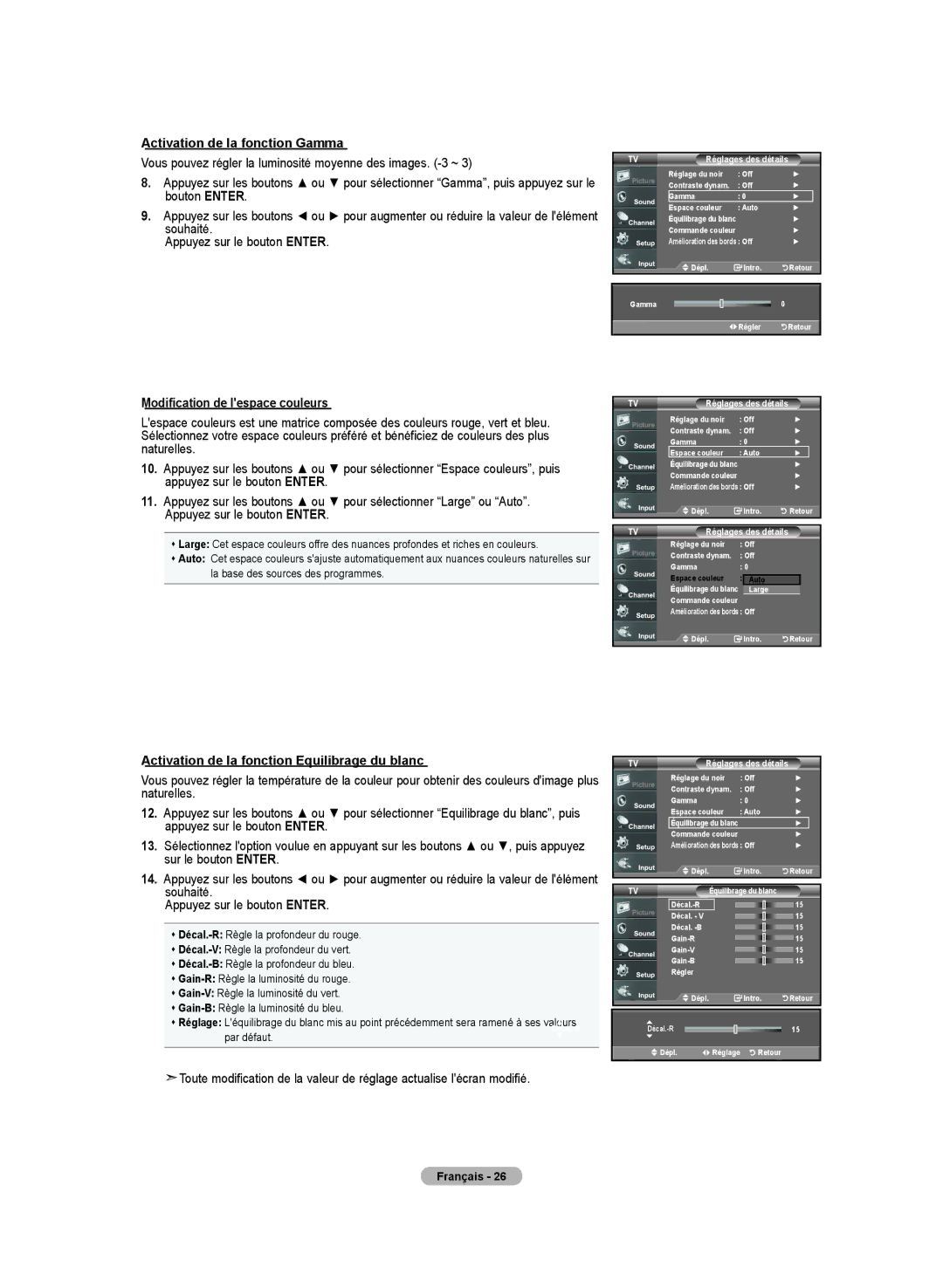 Samsung BN68-01250B-00, LN-T2332H Activation de la fonction Gamma, Modification de lespace couleurs, Réglages des détails 