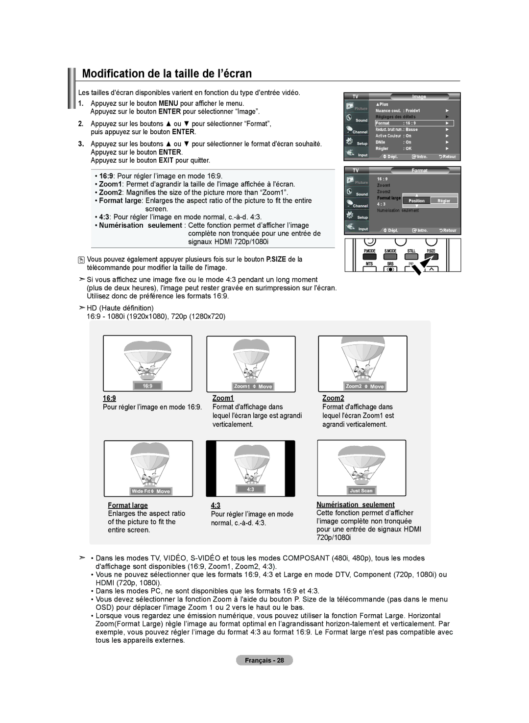 Samsung LN-T4032H, BN68-01250B-00, LN-T2332H, LN-T3732H manual Modification de la taille de l’écran, Format large 