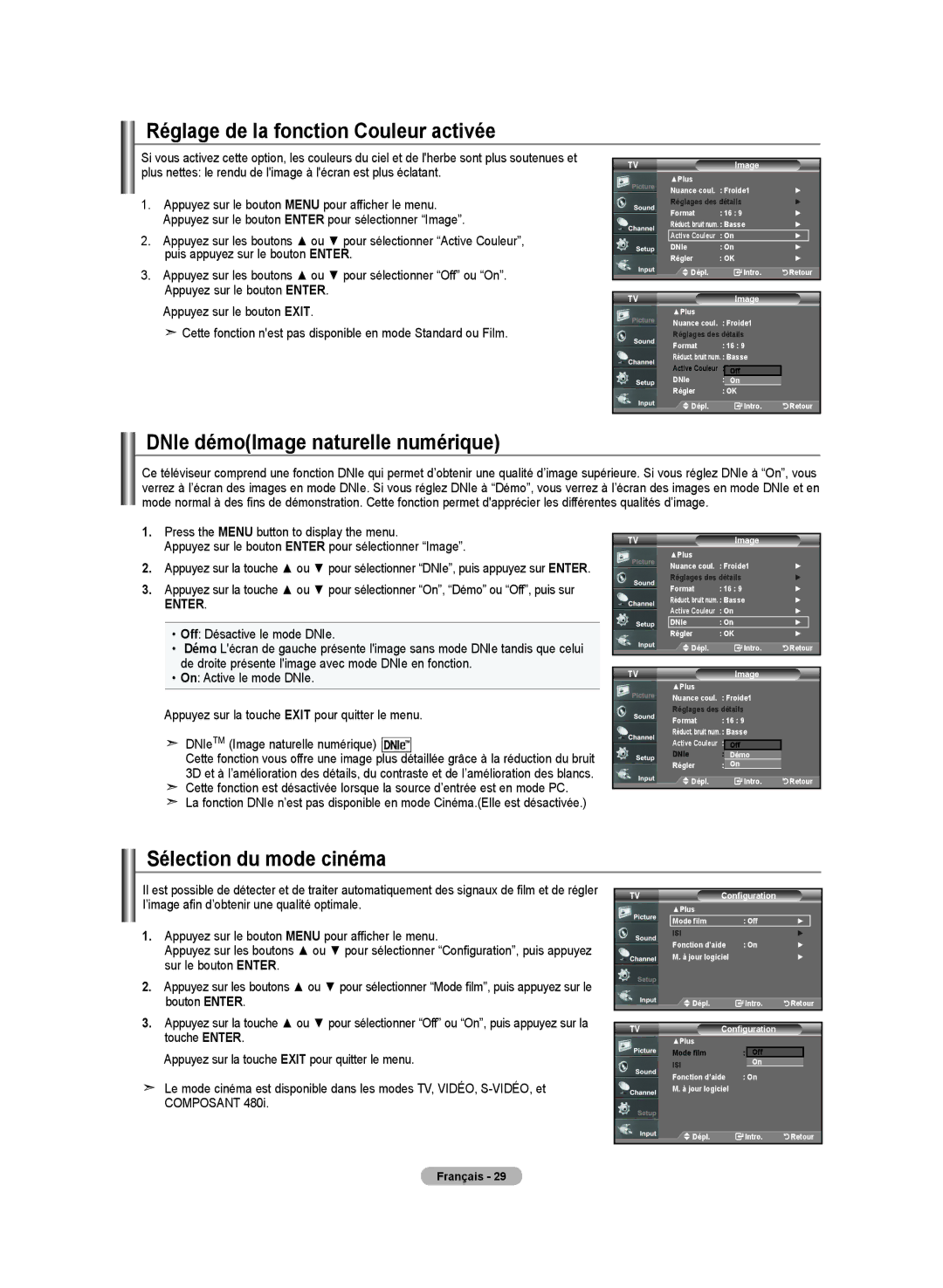 Samsung LN-T3732H Réglage de la fonction Couleur activée, DNIe démoImage naturelle numérique, Sélection du mode cinéma 