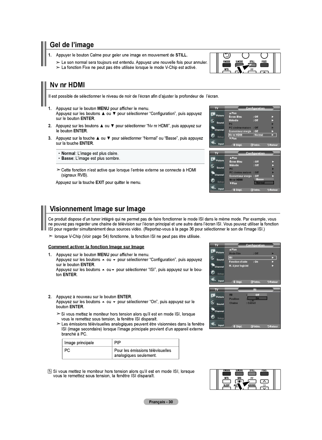 Samsung BN68-01250B-00, LN-T2332H, LN-T4032H, LN-T3732H manual Gel de l’image, Nv nr Hdmi, Visionnement Image sur Image 