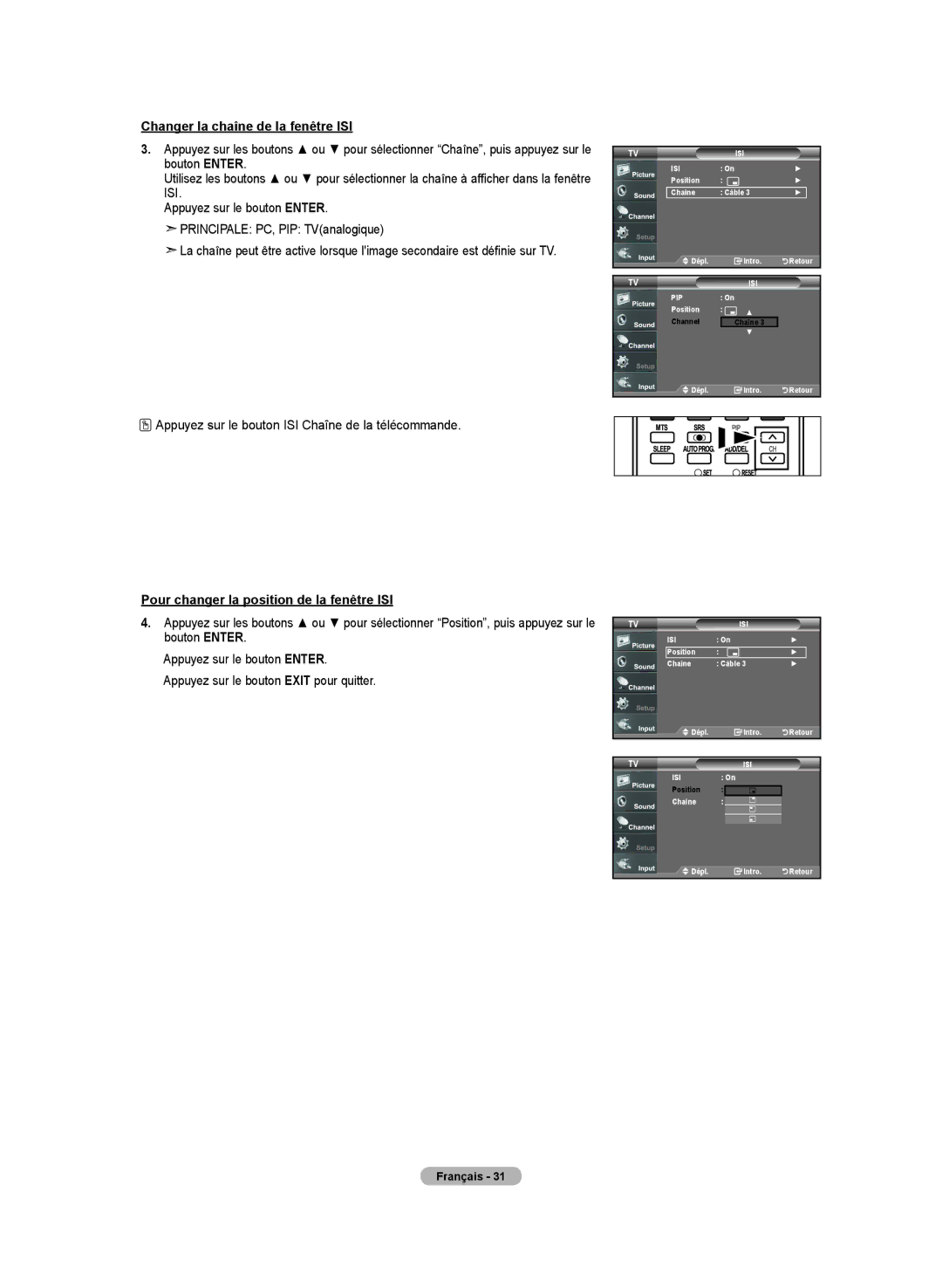 Samsung LN-T2332H, BN68-01250B-00 Changer la chaîne de la fenêtre ISI, Appuyez sur le bouton ISI Chaîne de la télécommande 