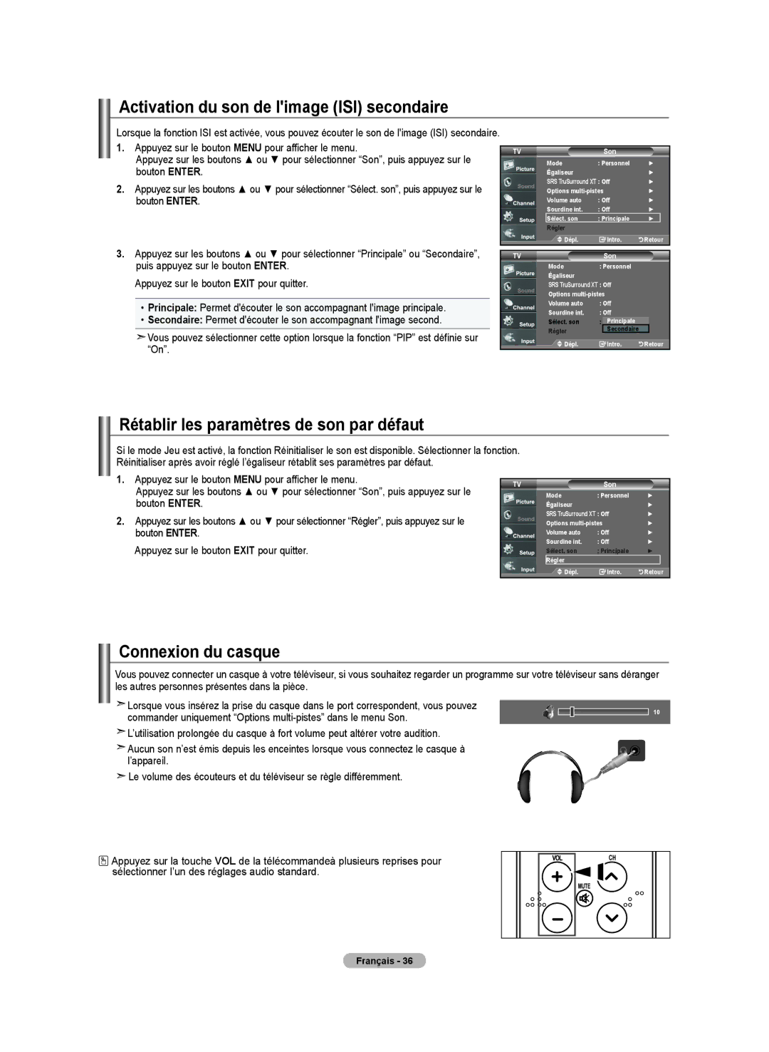 Samsung LN-T4032H, BN68-01250B-00 Activation du son de limage ISI secondaire, Rétablir les paramètres de son par défaut 