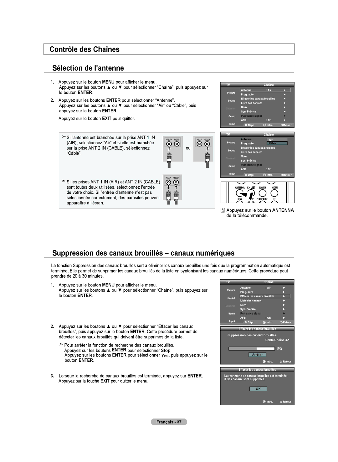 Samsung LN-T3732H manual Contrôle des Chaînes Sélection de lantenne, Suppression des canaux brouillés canaux numériques 