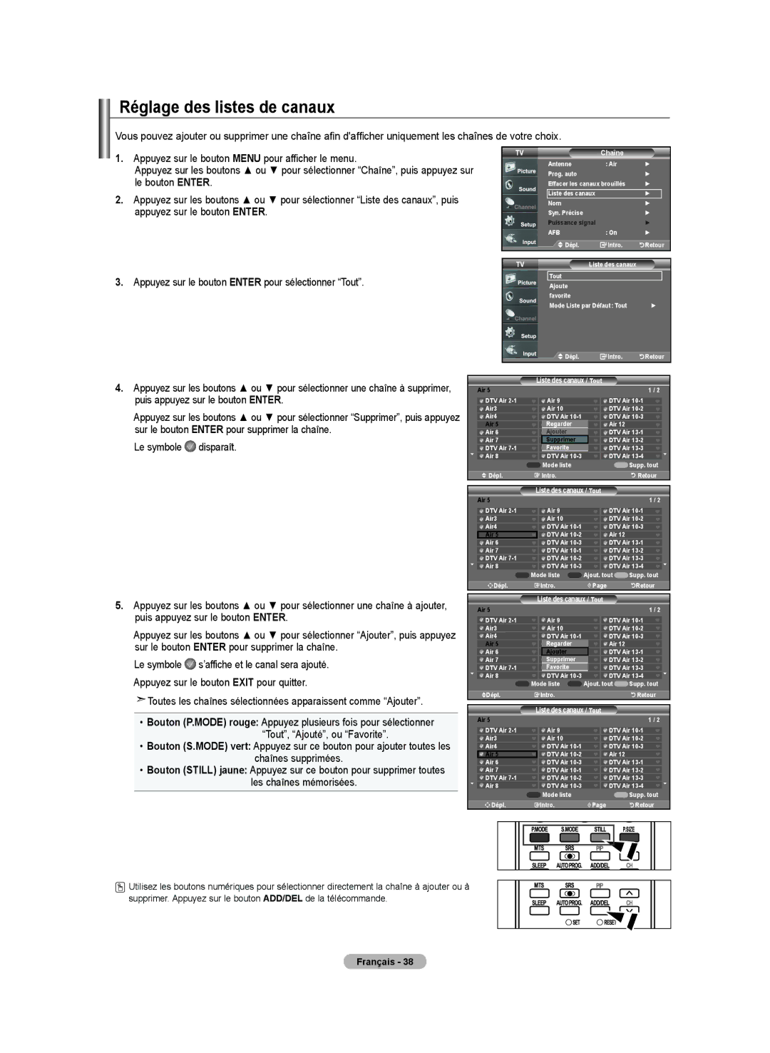 Samsung BN68-01250B-00, LN-T2332H, LN-T4032H, LN-T3732H manual Réglage des listes de canaux 