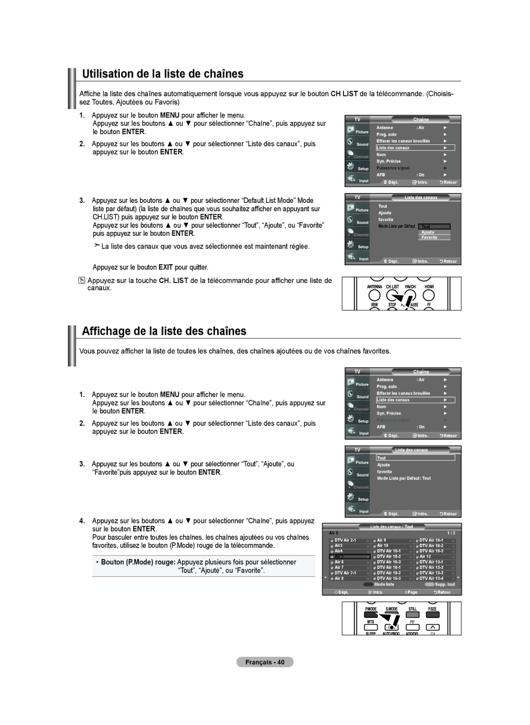 Samsung LN-T4032H, BN68-01250B-00, LN-T2332H manual Utilisation de la liste de chaînes, Affichage de la liste des chaînes 