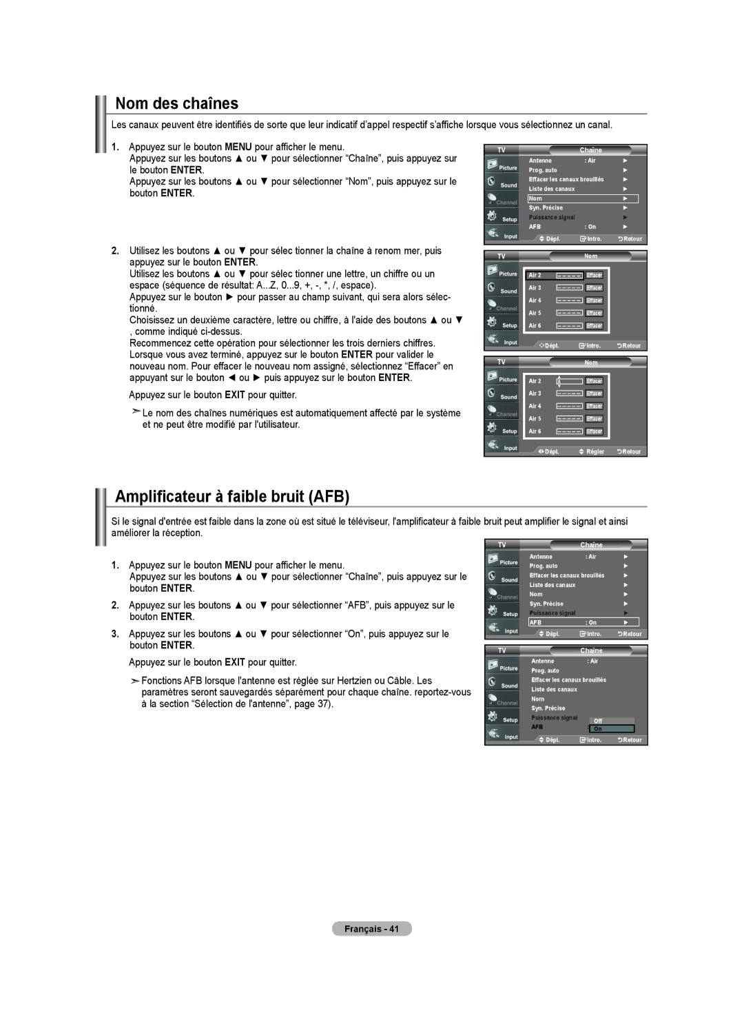 Samsung LN-T3732H, BN68-01250B-00, LN-T2332H, LN-T4032H manual Nom des chaînes, Amplificateur à faible bruit AFB 