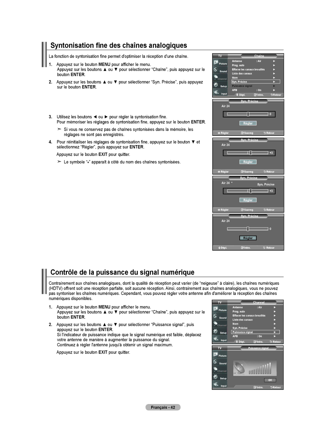 Samsung BN68-01250B-00, LN-T2332H Syntonisation fine des chaînes analogiques, Contrôle de la puissance du signal numérique 