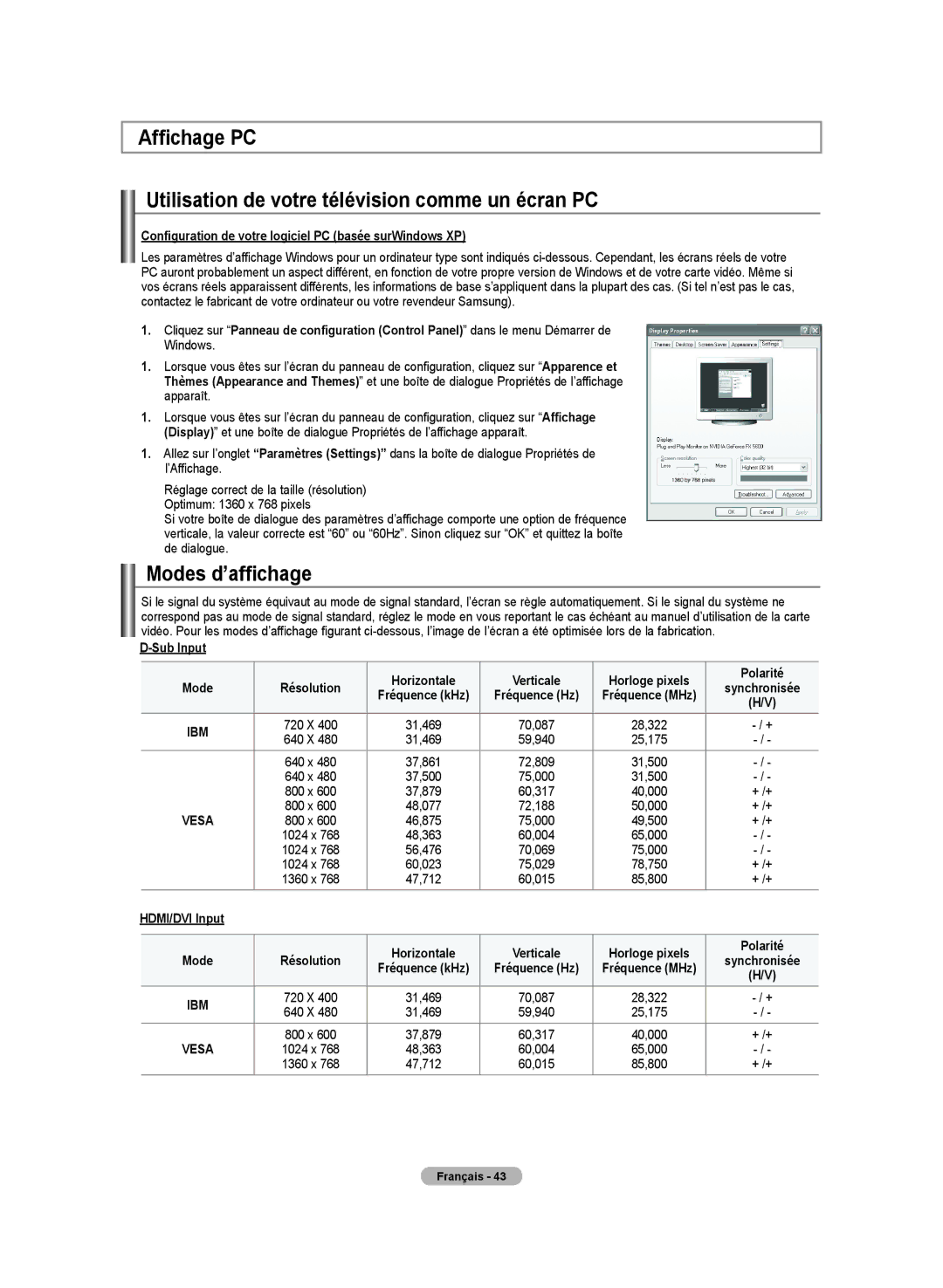 Samsung LN-T2332H, BN68-01250B-00, LN-T4032H manual Modes d’affichage, Configuration de votre logiciel PC basée surWindows XP 