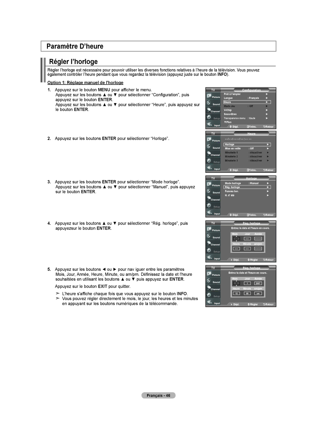 Samsung BN68-01250B-00 manual Paramètre D’heure Régler l’horloge, Option 1 Réglage manuel de lhorloge, Heure, Rég. horloge 