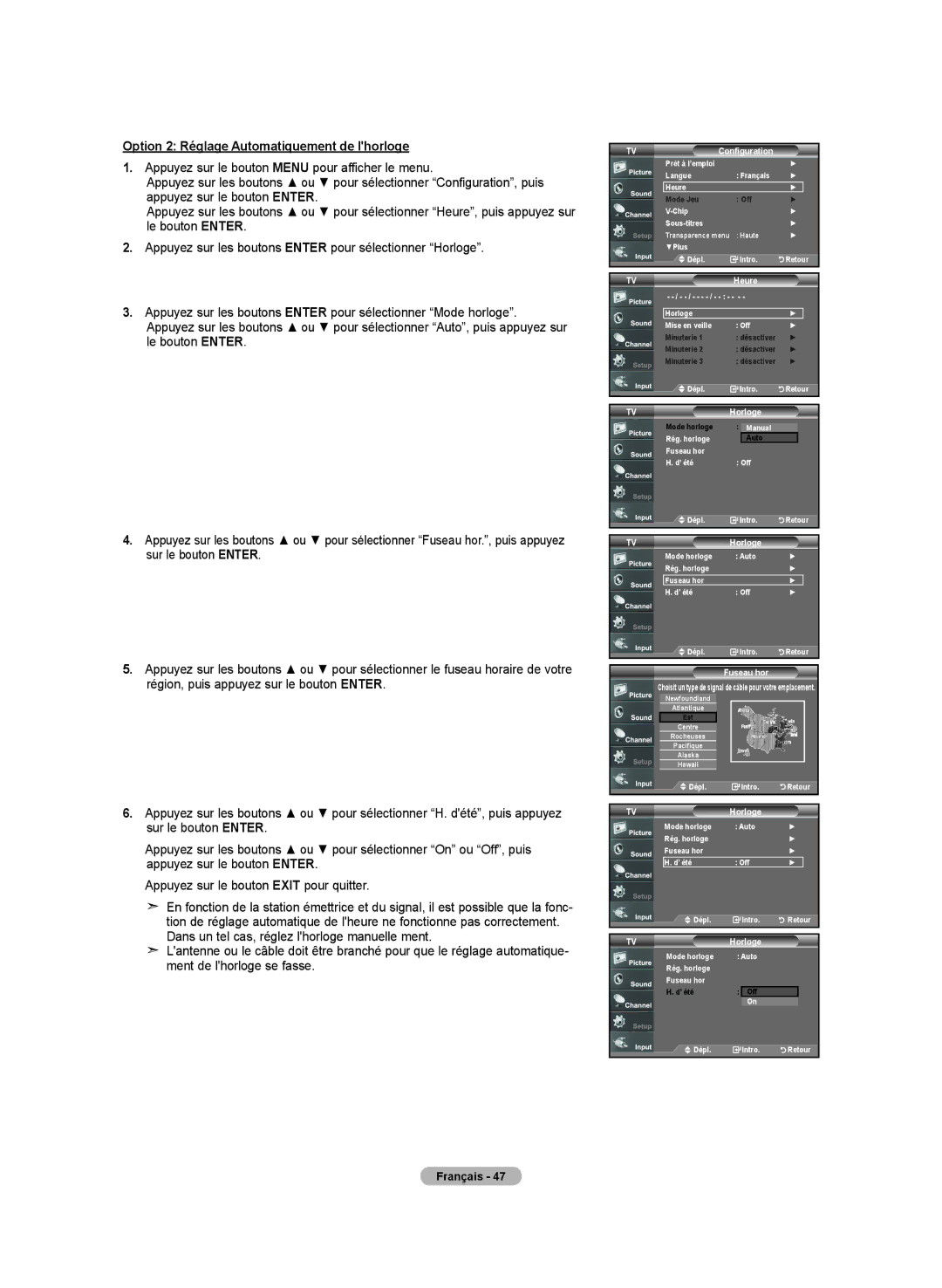 Samsung LN-T2332H, BN68-01250B-00, LN-T4032H, LN-T3732H Option 2 Réglage Automatiquement de lhorloge, Horloge, Fuseau hor 