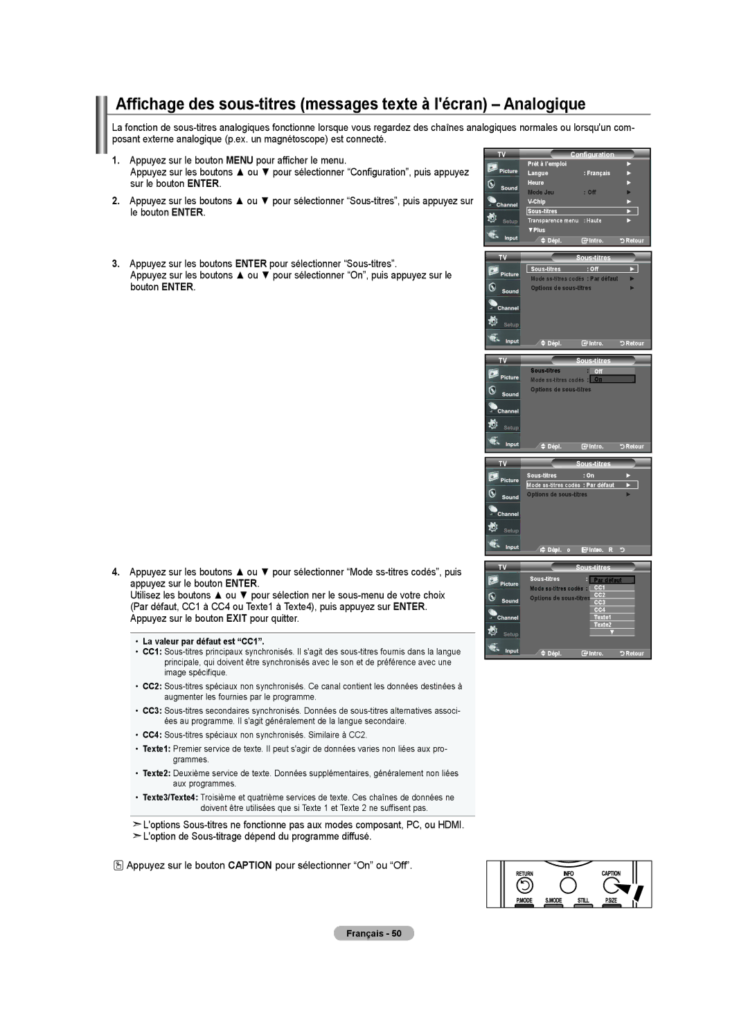 Samsung BN68-01250B-00, LN-T2332H, LN-T4032H manual Affichage des sous-titres messages texte à lécran Analogique, Sous-titres 