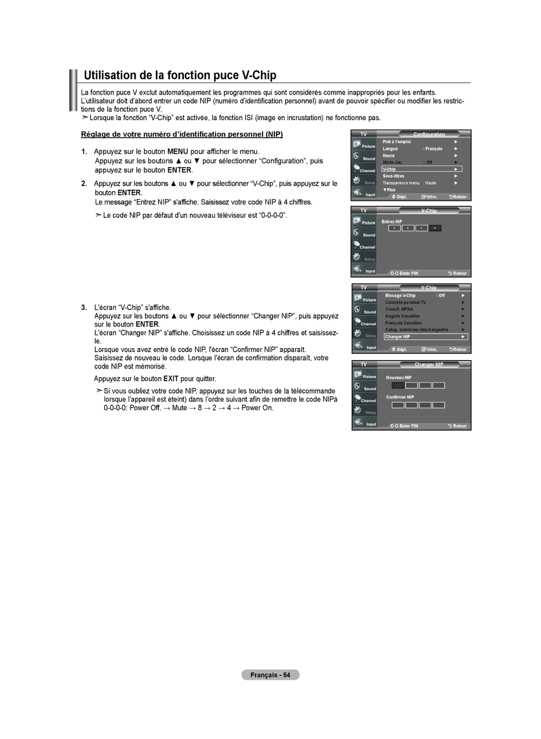 Samsung BN68-01250B-00 Utilisation de la fonction puce V-Chip, Réglage de votre numéro d’identification personnel NIP 