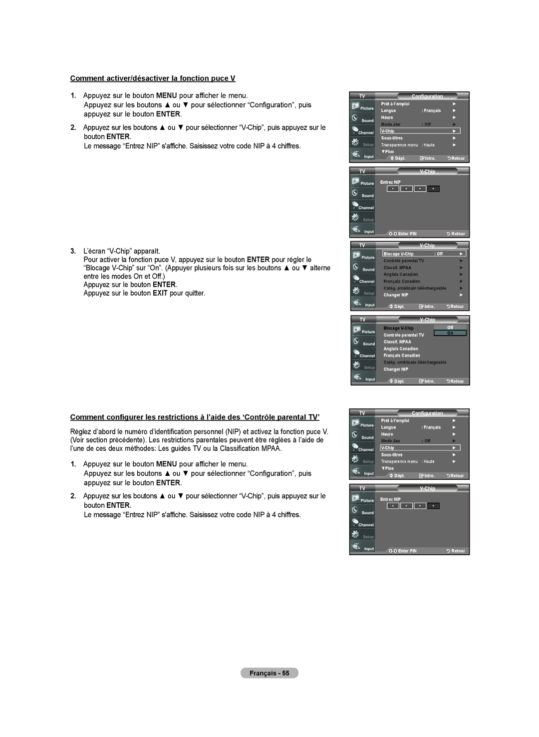 Samsung LN-T2332H, BN68-01250B-00, LN-T4032H, LN-T3732H Comment activer/désactiver la fonction puce, Chip Blocage V-Chip Off 