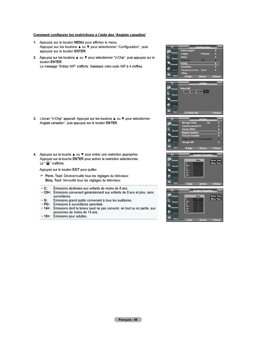 Samsung BN68-01250B-00, LN-T2332H, LN-T4032H, LN-T3732H manual Chip Blocage V-Chip Contrôle parental TV Classif. Mpaa 