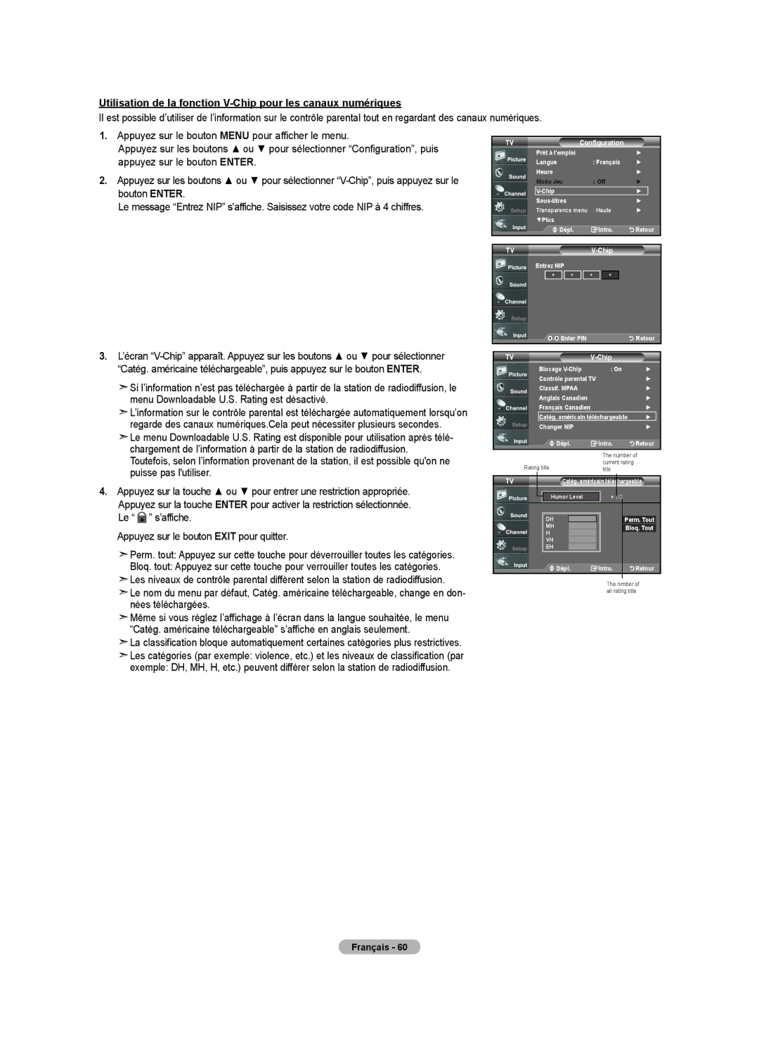 Samsung LN-T4032H, BN68-01250B-00, LN-T2332H, LN-T3732H manual Utilisation de la fonction V-Chip pour les canaux numériques 