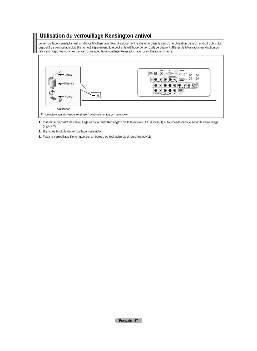 Samsung LN-T2332H, BN68-01250B-00, LN-T4032H, LN-T3732H manual Utilisation du verrouillage Kensington antivol 