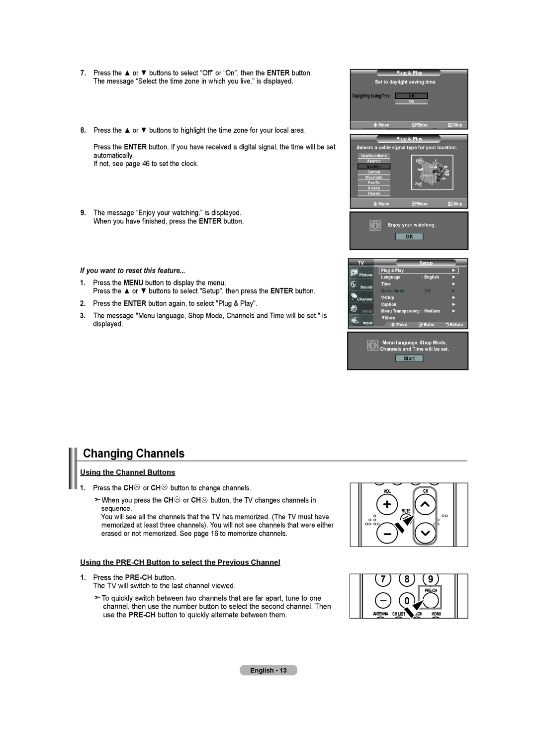 Samsung LN-T3732H Changing Channels, Using the Channel Buttons, Using the PRE-CH Button to select the Previous Channel 