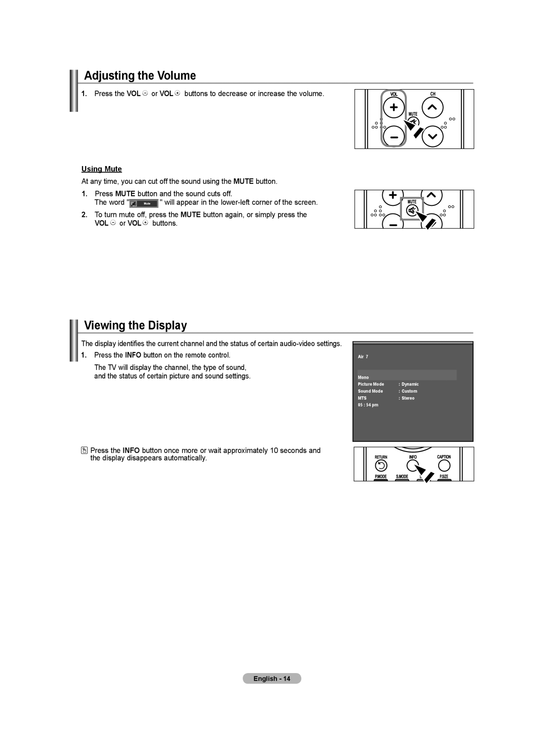 Samsung BN68-01250B-00 Adjusting the Volume, Viewing the Display, Using Mute, Press the Info button on the remote control 