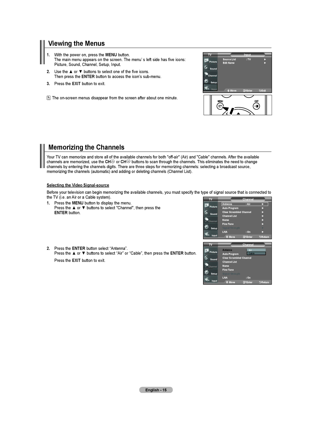 Samsung LN-T2332H, BN68-01250B-00 Viewing the Menus, Memorizing the Channels, Selecting the Video Signal-source, Input 