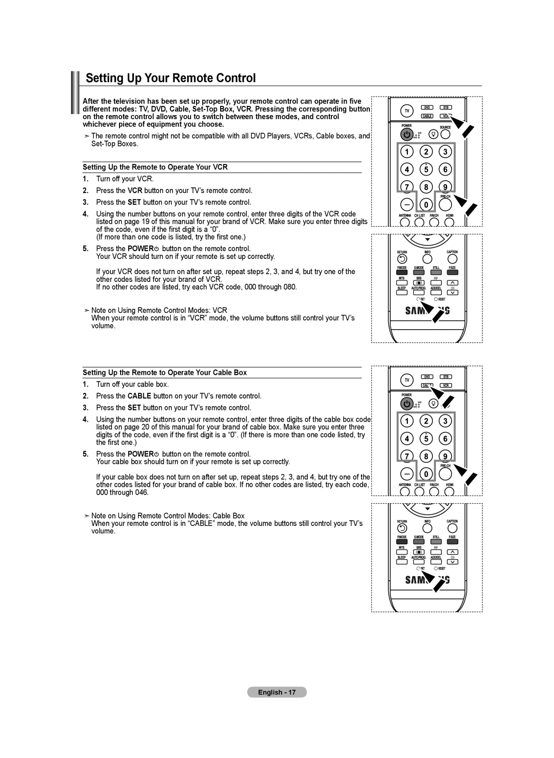 Samsung LN-T3732H, BN68-01250B-00, LN-T2332H manual Setting Up Your Remote Control, Setting Up the Remote to Operate Your VCR 