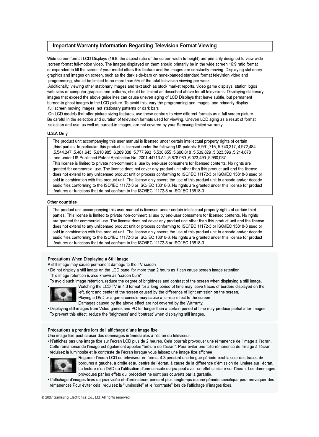 Samsung LN-T4032H, BN68-01250B-00, LN-T2332H, LN-T3732H A Only, Other countries, Precautions When Displaying a Still Image 