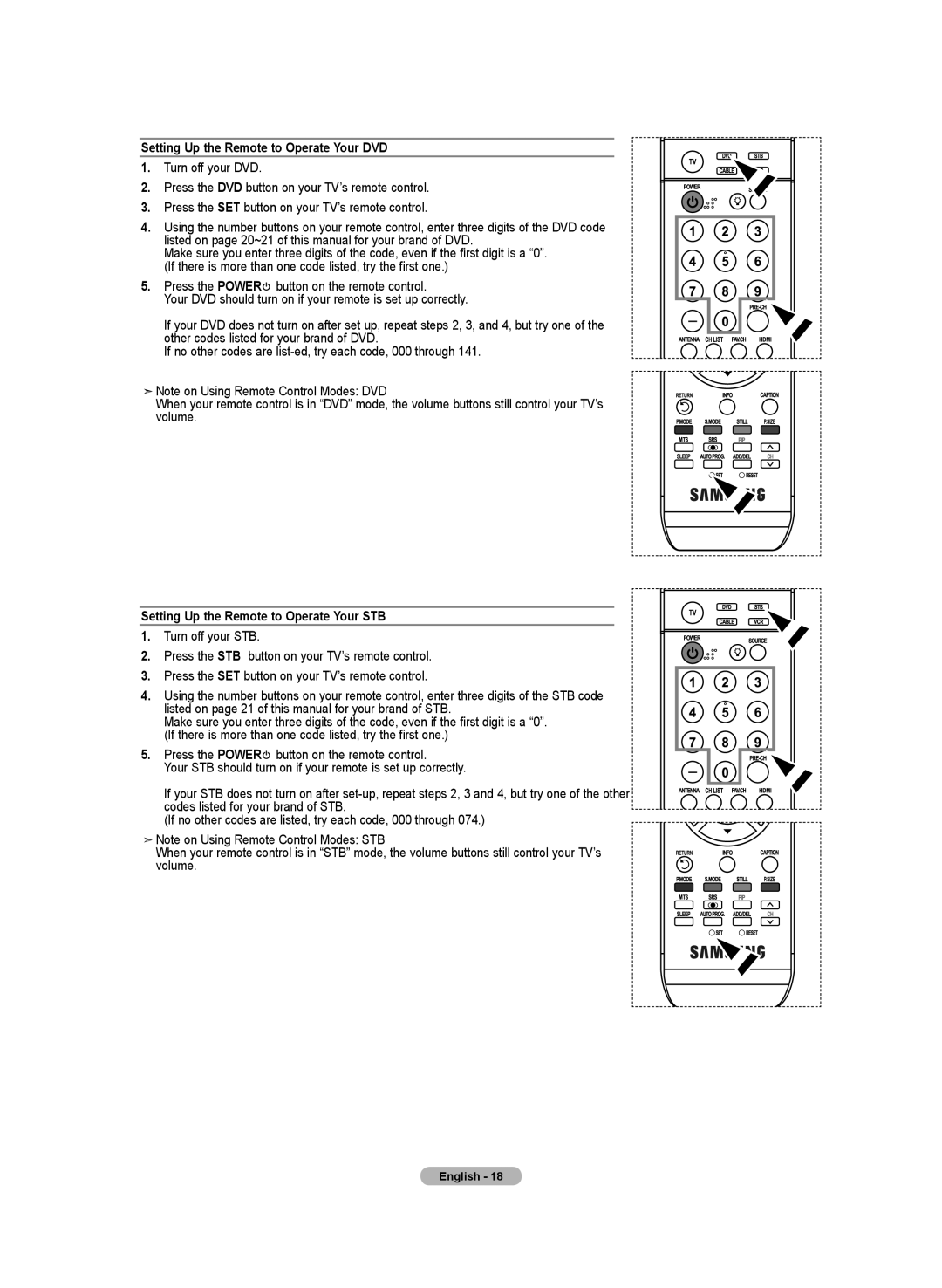 Samsung BN68-01250B-00, LN-T2332H Setting Up the Remote to Operate Your DVD, Setting Up the Remote to Operate Your STB 