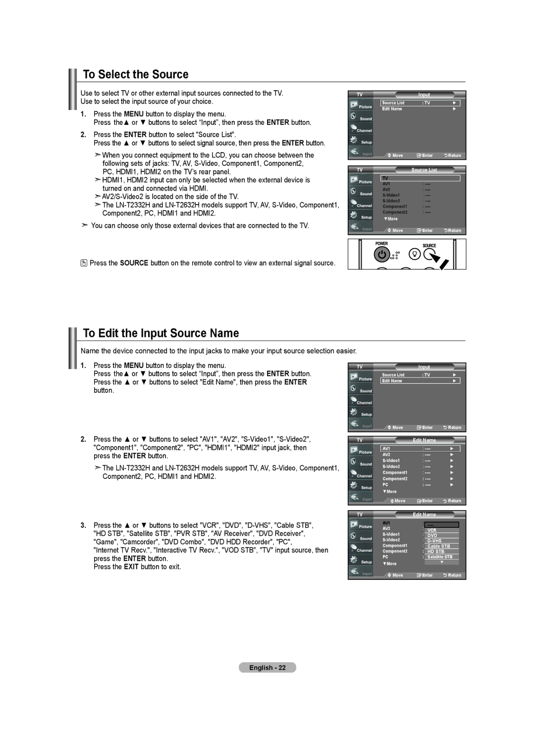 Samsung BN68-01250B-00, LN-T2332H, LN-T4032H, LN-T3732H manual To Select the Source, To Edit the Input Source Name, Edit Name 