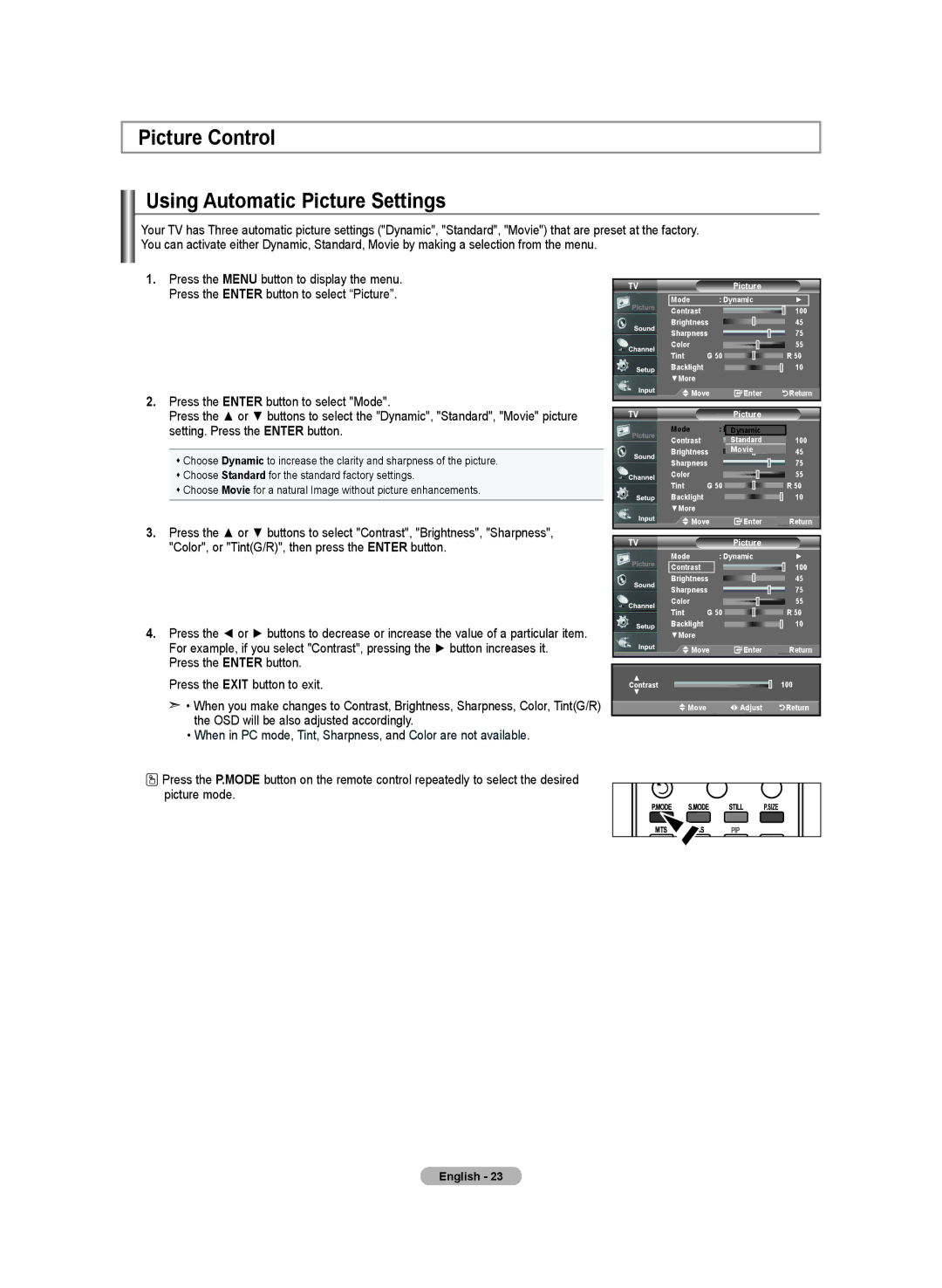 Samsung LN-T2332H, BN68-01250B-00, LN-T4032H, LN-T3732H manual Picture Control Using Automatic Picture Settings 