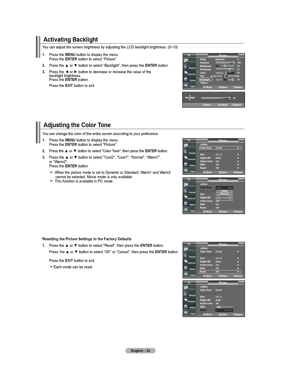 Samsung LN-T4032H Activating Backlight, Adjusting the Color Tone, Resetting the Picture Settings to the Factory Defaults 