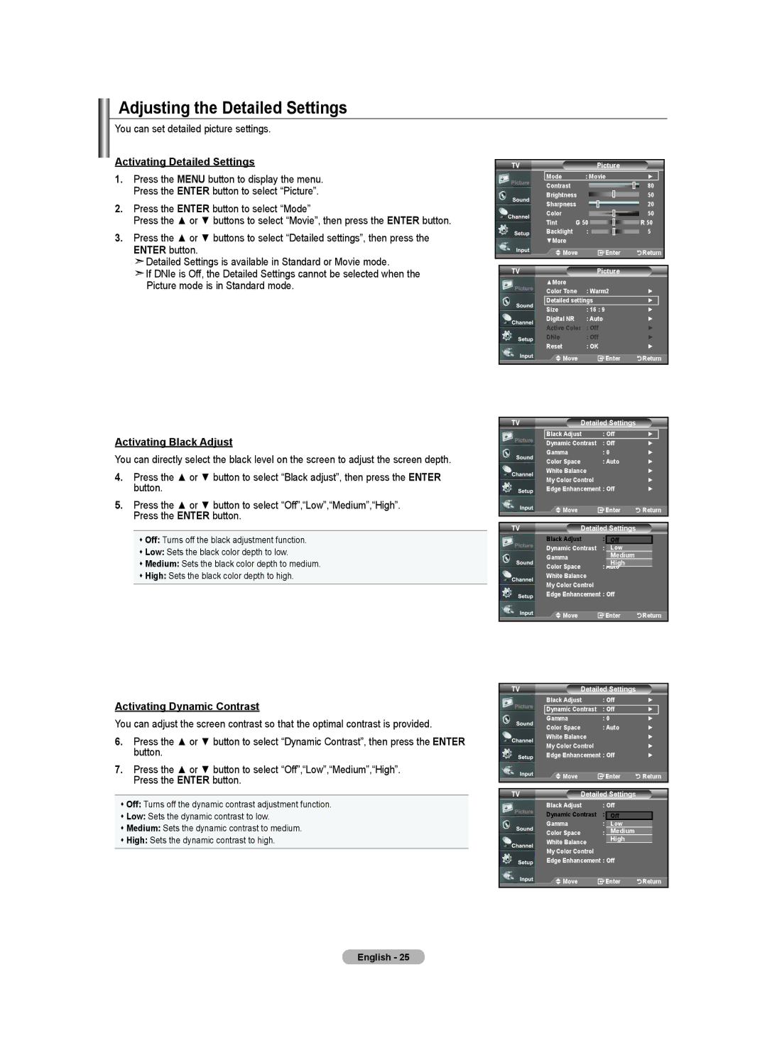 Samsung LN-T3732H Adjusting the Detailed Settings, You can set detailed picture settings, Activating Detailed Settings 